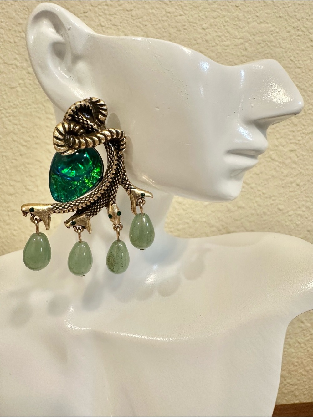 Gold-Plated Green Glass and Jade Drop Statement Earrings